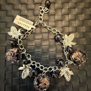 Adjustable Silver Tone Leaf and Black/Brown Bead Charm Bracelet